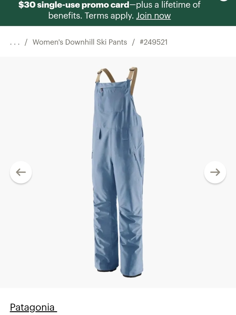 Patagonia Women's Light Blue Ski Bib Overalls